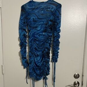 Zara Mini Dress Multi Swirl Blue Print Long Sleeves Mesh Size: Small